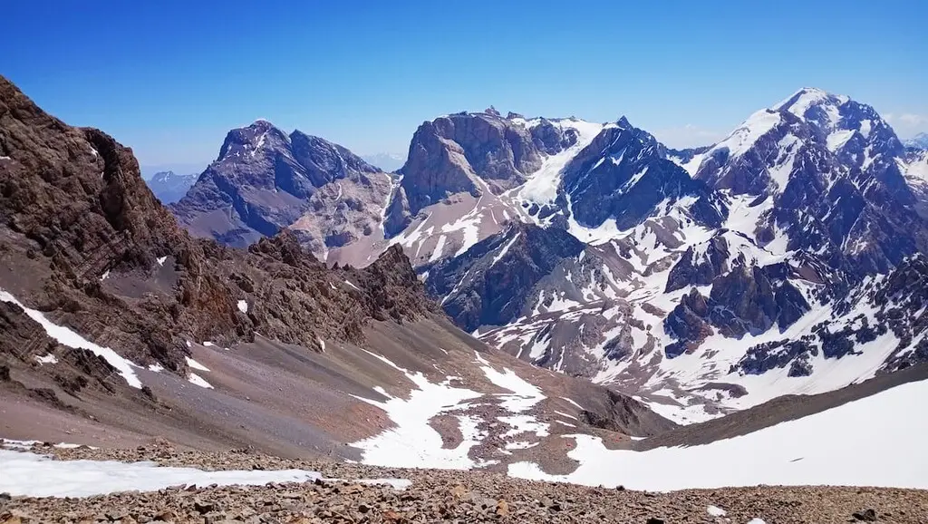 Image of the Zarafshan Range with snow-capped peaks and a winding river below.