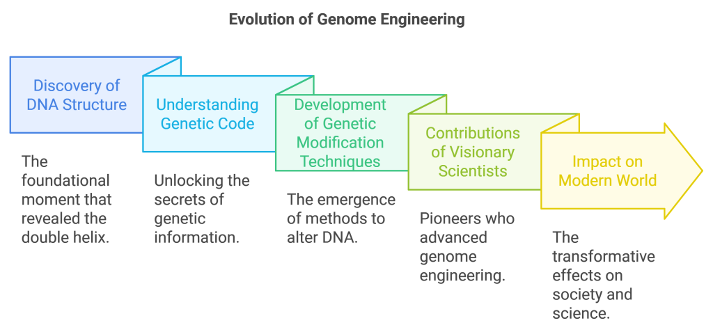 Evolution of Genome Engineering
Evolution of Genome Engineering
Discovery of DNA Structure
Discovery of DNA Structure
Understanding Genetic Code
Understanding Genetic Code
Development of Genetic Modification Techniques
Development of Genetic Modification Techniques
Contributions of Visionary Scientists
Contributions of Visionary Scientists
The foundational moment that revealed the double helix.
The foundational moment that revealed the double helix.
Impact on Modern World
Impact on Modern World
Unlocking the secrets of genetic information.
Unlocking the secrets of genetic information.
The emergence of methods to alter DNA.
The emergence of methods to alter DNA.
Pioneers who advanced genome engineering.
Pioneers who advanced genome engineering.
The transformative effects on society and science.
The transformative effects on society and science.